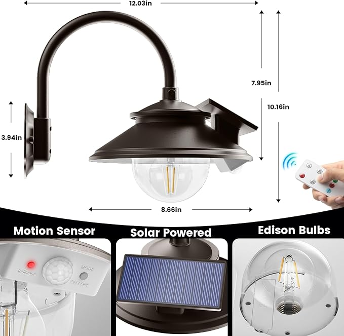 SIEDiNLAR Solar Barn Light Outdoor 3 Modes 2 Lighting Garage Shed Light Gooseneck Farmhouse Wall Light Waterproof with Remote/Motion Sensor for Garage Barn Shed Chicken Coop Dark Bronze (2 Pack)