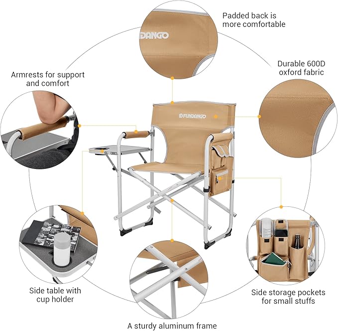 FUNDANGO Aluminium Camping Director Chair with Armrest Portable Lightweight Folding Outdoor Camping Chair with Side Table &amp Umbrella Holder Full Back Lawn Chair for Camping Fishing Picnic Stadiu