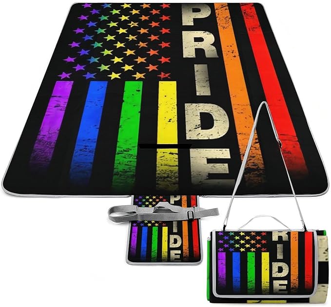 American Flag Rainbow Lesbian Gay Love Pride Waterproof Outdoor Picnic Blanket Sandproof Beach Mat for Camping Hiking Grass Travelling
