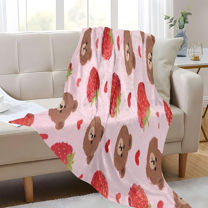 Throw Blanket Soft Cute Cartoon Brown Bear Strawberry Teen Girl Throw Blanket 50'' x 70''