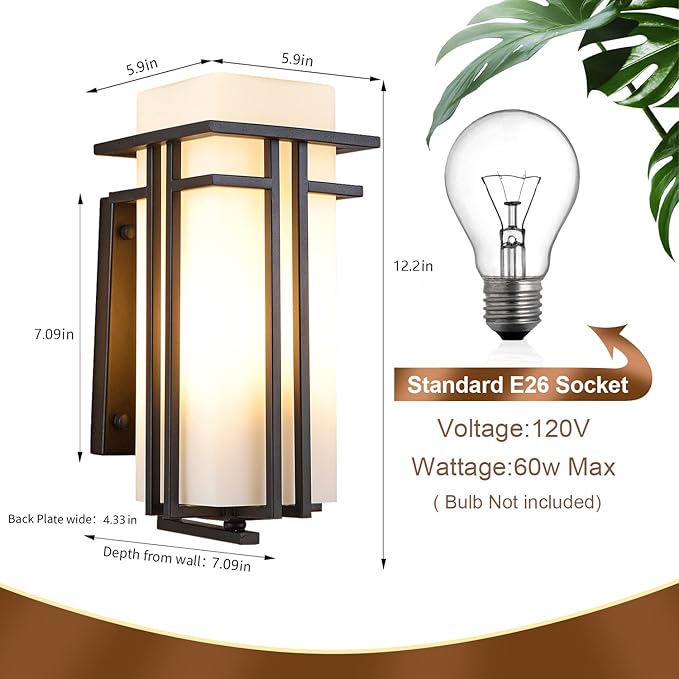 Outdoor Porch Light Wall Mounted Waterproof Wall Lantern Exterior Light Fixture for Entryways Yards Garage Front Porch Square Metal Frame with Frosted Glass Black