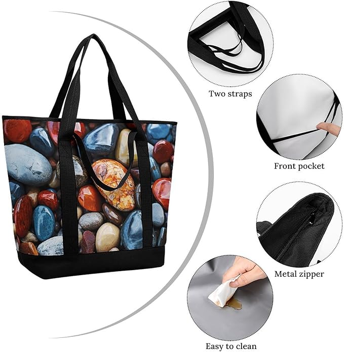Insulated Shopping BagLarge Reusable Cooler Bags Color Stones Hippie Printed Foldable Shopping BagTravel Waterproof Shoulder Bag
