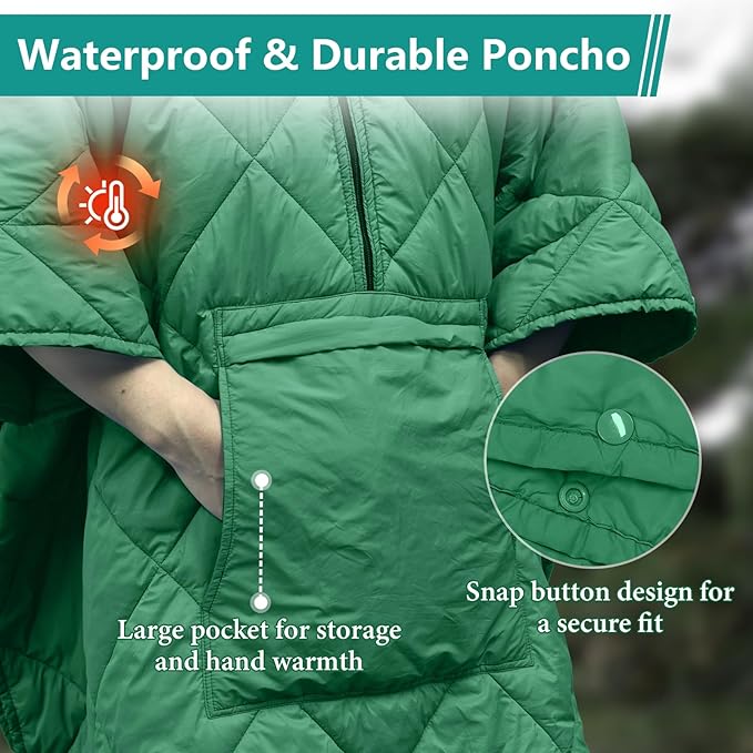 Camping Outdoor Blanket Ultralight Down Alternative Printed Travel Camp Blankets for Sleeping Packable Waterproof Puffy Quilt for Hammock Picnic Stadium Beach Cold Weather (Green Blanket Poncho)