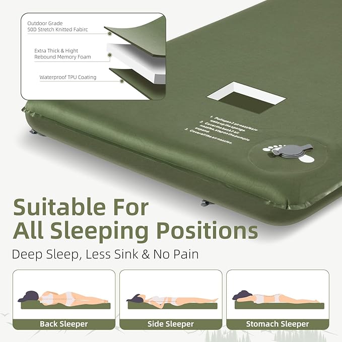 Memory Sleeping Pad 3.1 Ultra-Thick Foam Sleeping Mats for Camping Easy Inflate&ampDeflate9.5 R-Value Insulated Camping Mattress Pad with Pillow for Car Travel Tent