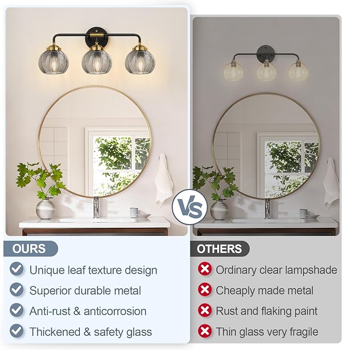 Bathroom Light Fixtures 3-Light Smokegray Vanity Lights with Unique Leaf Texture Glass Shade Modern Matte Black and Gold Bathroom Wall Lamp for Mirror Hallway Cabinet Living Room