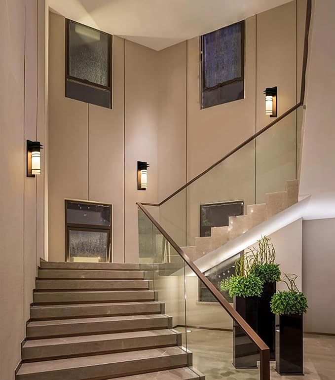 Outdoor Wall Lights Front Porch Dimmable LED Wall Sconce 10W Modern Exterior Lighting Fixture Wall Mount Black Patio Wall Lamps with Frosted Glass for House Set of 2