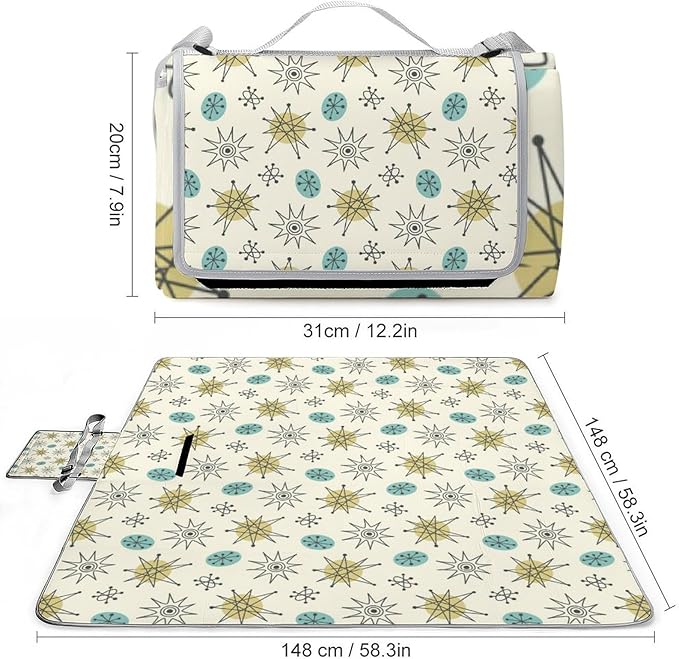 Modern Atomic Stars Retro Colors Stock Illustration Waterproof Outdoor Picnic Blanket Sandproof Beach Mat for Camping Hiking Grass Travelling