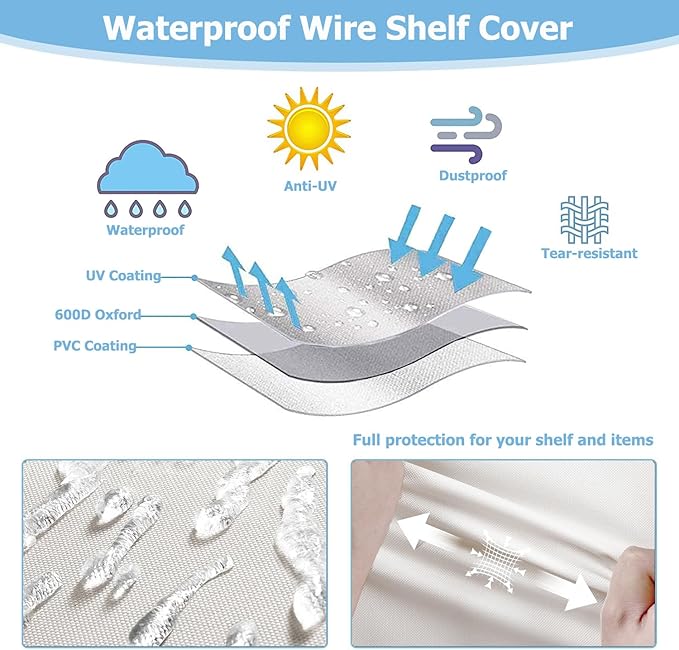 Rileytee Wire Shelf CoverHeavy Duty 600D Dustproof Waterproof Shelf Covers for Wire ShelvingOutdoor Storage Rack Cover for Wire Rack with ZipperWhite48W x 18D x 72H