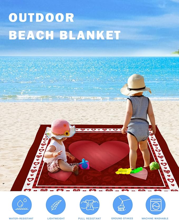 Beach Blanket Waterproof Sandproof OversizedValentine's Day Romantic Love Hearts Beach Mat with Corner Stakes Sand PocketsLip Kiss Texture on Red Outdoor Picnic Mat for Travel Camping108x84In
