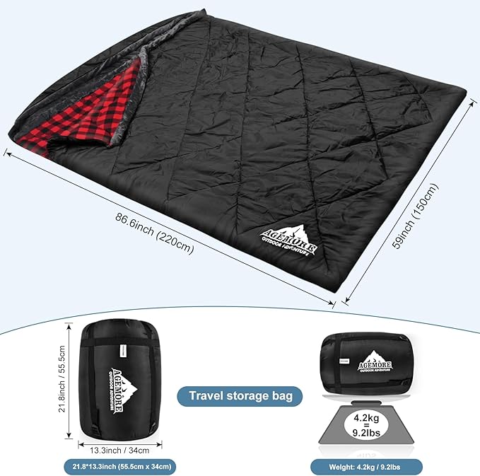 AGEMORE Cotton Flannel Double Sleeping Bag with Fleece Lined Hood Waterproof Queen Size 2 Person Sleeping Bag for Adults Cold Weather Camping Backpacking or Hiking 3-4season