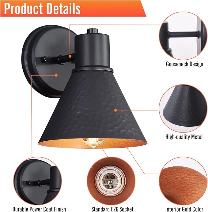 2 Pack Outdoor Wall Sconces - Wall Lights Fixture Exterior Farmhouse Porch Light with Hammered Metal Shade Anti-Rust Waterproof Black Outside Barn Light for Front Porch Patio Garage Gazebo House