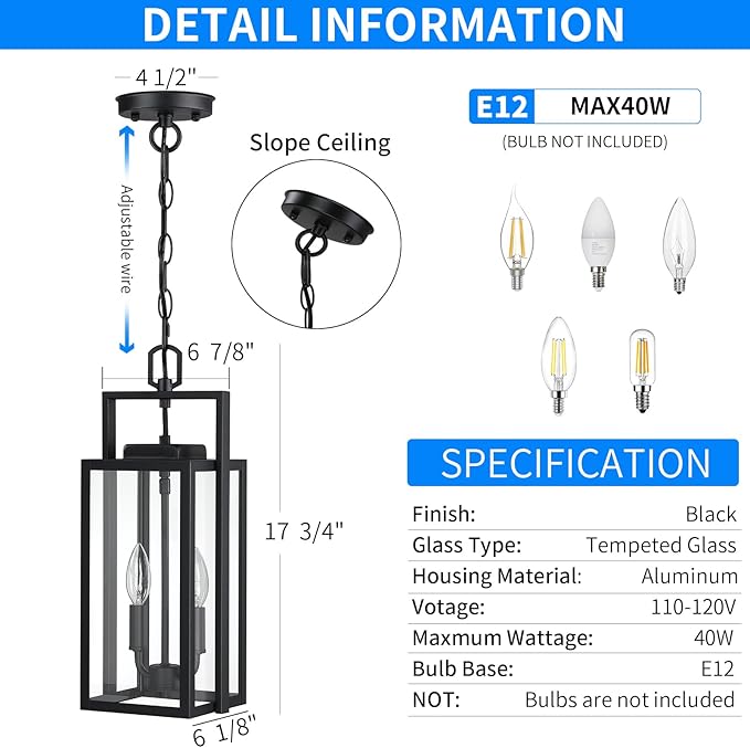 17.8'' Large Outdoor Pendant Light 2-Light Modern Black Metal Outside Chandelier Exterior Hanging Fixture Ceiling Mount with Clear Glass for Front Porch Entrance Entryway 1 Pack