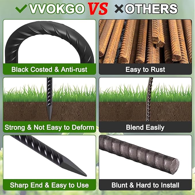 VVOKGO Rebar Stakes 16 Inches J Hook Heavy Duty Chain Link Fence Stakes 30 Pcs Metal Long Tent Spikes Ground Anchors for Wire Fencing Dogs Digging Camping Tents Swings Greenhouse Black