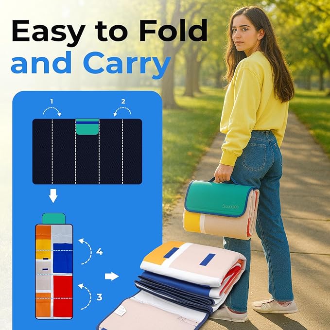 scuddles Extra Large Picnic Blanket – 80 x 80 Waterproof Outdoor Mat with Soft 3-Layer Comfort Foldable Design &amp Carry Strap for Beach Camping Parks Hiking &amp Family Picnics