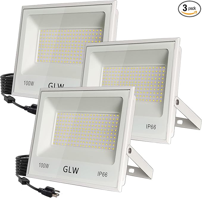 3 Pack 100W LED Flood Light Outdoor10000LM Super Bright Exterior Security Lights6000K Daylight White Work LightIP66 Waterproof Outside Floodlights Lighting for Backyard Yard Stadium House