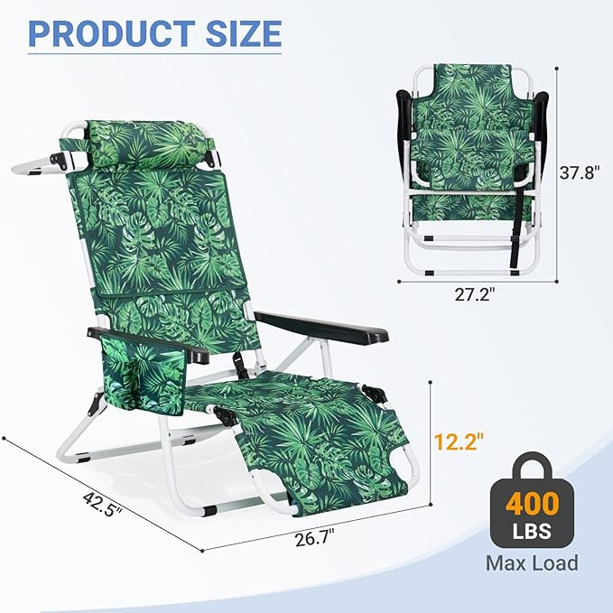 3 N 1 Beach Chair w/ Face Cushion &amp Arm Holes Lightweight Lawn Reclining Lounge Chair w/ Adjustable Backrest &amp Footrest5 Position Folding Chair for Outdoor Patio Backyard 440lb Weight Capa