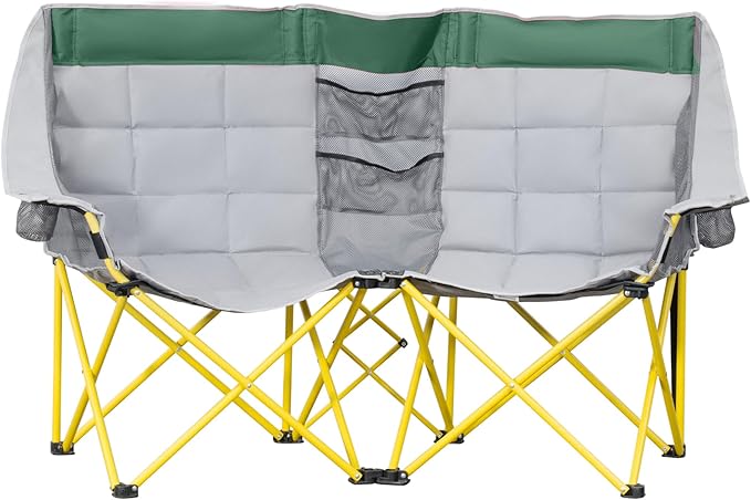 Loveseat Style Camping Chair Oversized Folding Lawn Chair with Carry Bag &amp Cup Holders for Outdoor Beach Picnic Hiking Travel Green &amp Gray