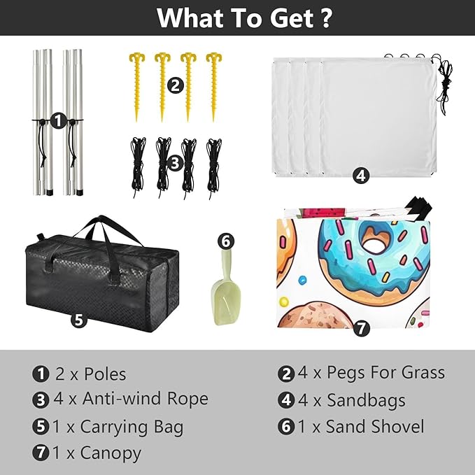 Donuts Pattern Beach Tent Sun Shelter 9.2' x 10.5' Beach Canopy with 4 Sandbags 4 Stability Poles Sand Shovels - Tent Canopy for Beach Camping Fishing Picnics