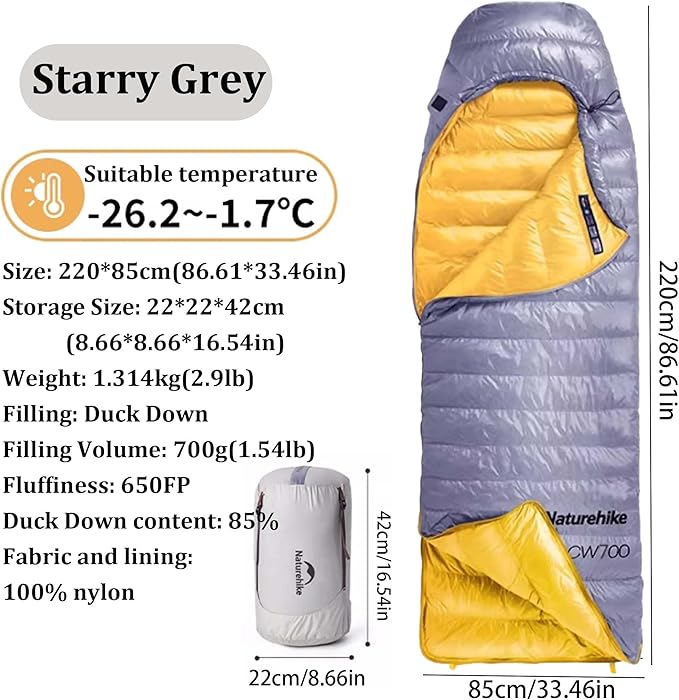 Naturehike CW700[2025 Upgrade] Ultralight Down Sleeping Bag [ -26.2°C~-1.7°C1074g] All Season Camping Sleeping Bags for Cold Weather Adults BackpackingHunting with Storage Bag