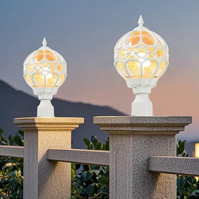 2 Pack Outdoor Globe Lamp Post Light Fixtures 13.4 White Sphere Post Top Lantern for Patio Porch Driveway Hardwired Anti-Rust Aluminum Pillar Light with Amber Glass Fits Standard 3 Post