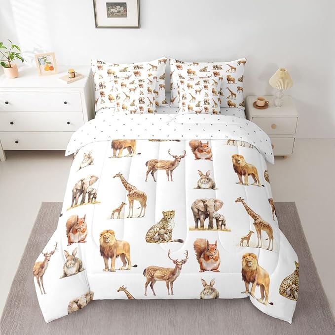 jejeloiu Zoo Animal 7 Piece Bedding Set for Girls Boys Kids Twin Size Cute Giraffe Bed in a Bag Room Decor Cartoon Animal Comforter Set with SheetsPillowcases &amp Cushion Cover White Brown Microfib