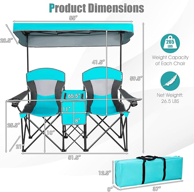 Tangkula Loveseat Camping Chair with Adjustable Shade Canopy Portable Beach Chair with Cooler Bag 2 Cup Holders Carrying Bag Foldable Double Lawn Chair for Travel Fishing Picnic (Navy)