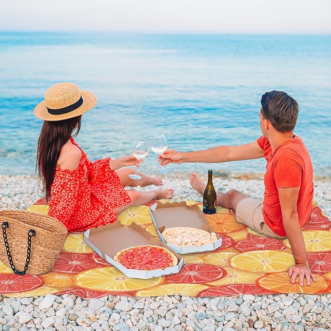 Waterproof Sandproof Beach Blanket 59''×68'' Orange Slices Polyester Outdoor Picnic Blanket with 4 Stakes &amp Storage Bag for BeachCampingVacation Yellow &amp Red