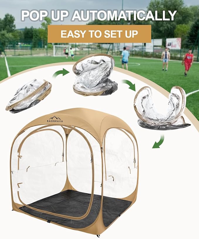 Pop Up Sports Tent - Thick PVC Scratch-Resistant Bubble Clear Tent Instant Weather Proof Pod with Extra Top Cover for Soccer Football Games Outdoor Events 3-4 Person