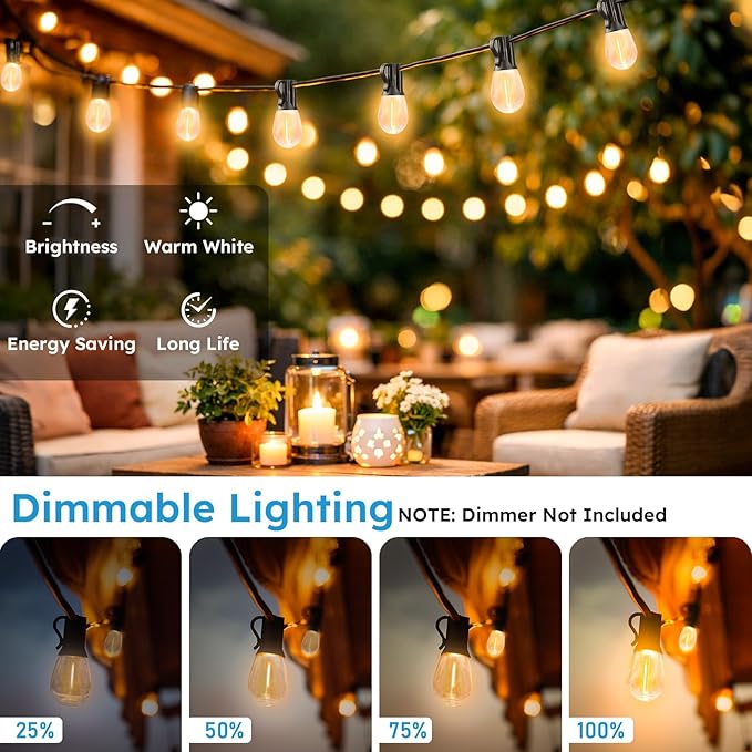 LED Outdoor String Lights 100FT Waterproof Patio Lights with 32 Shatterproof S11 Plastic Bulbs 2700K Warm White Edison Hanging Lights for Backyard Garden Porch Bistro