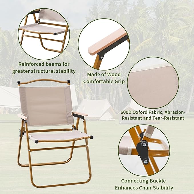 BOOSDEN Camp Chair Portable Outdoor Wide Folding Camping Chairs Ultralight Beach Chair with Wooden Handle for Picnic Lawn Leisure Park Travel Hiking Fishing2Pack