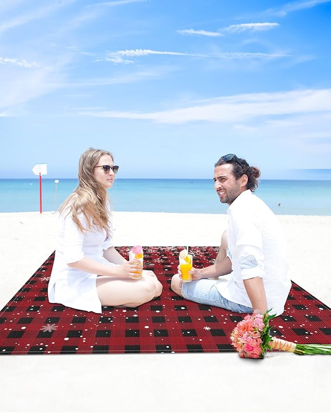 Beach Blanket Waterproof Sandproof Classic Black and Red Buffalo Plaid Quick Drying Beach Mat with 4 Stakes Winter Christmas Snowflakes Lightweight Picnic Blanket for Travel Camping Outdoor 83x79