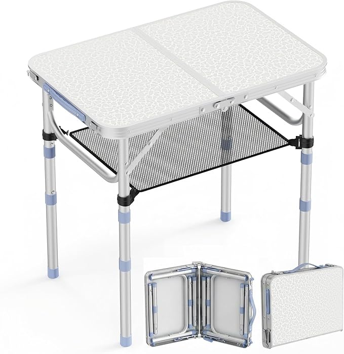Small Folding Table Portable 2ft Camping Pinic Table with 3 Adjustable Height Aluminum Foldable Lightweight Patio Side Table with Carry Handle for Outdoor Indoor Hiking Camp BBQ Beach (White)