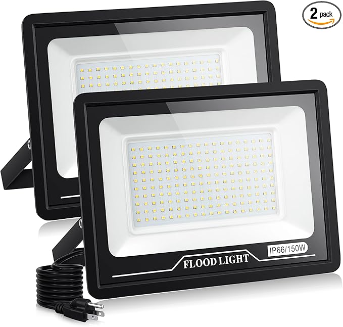 2 Pack LED Flood Light Outdoor 150W 15000LM Work Light IP66 Waterproof Floodlights 6000K Daylight White Security Light Plug in for Yard Garage Garden
