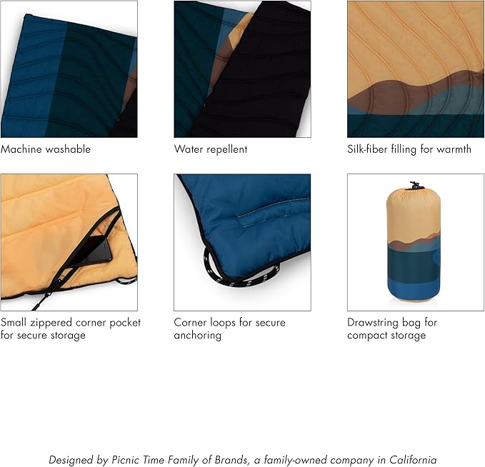 Picnic TIME Aura Outdoor Puffer Blanket Water-Repellent Puffy Printed Picnic Blanket for Camping and Park Large Cozy Outdoor Mat with Drawstring Bag Corner Loops and Pocket (Sunrise Mountain)