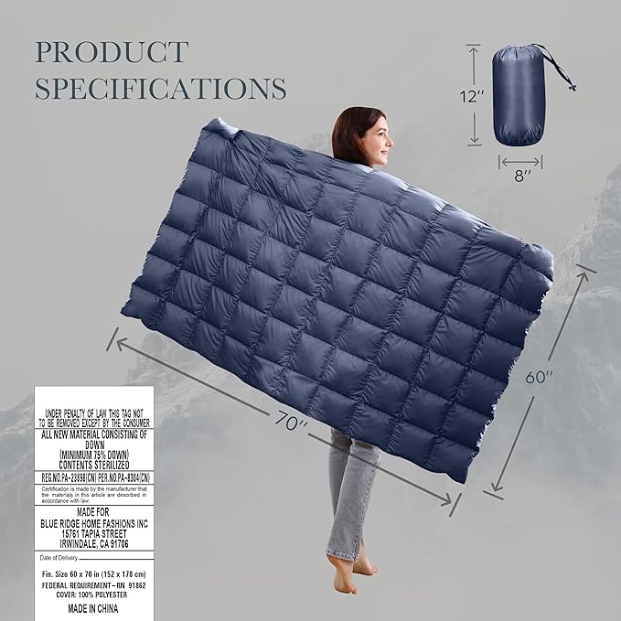 Blue Ridge Activ Fluffy 650 Fill Power Outdoor Packable Down Throw Blanket for Camping Hiking with Carrying Pouch - Lightweight and Durable Blanket 60 x 70 for Traveling Beach Trips