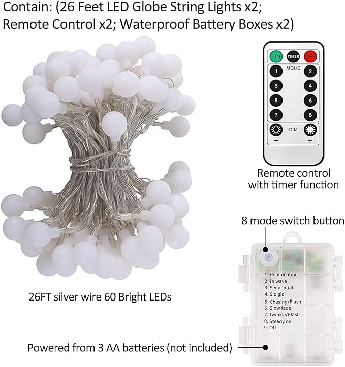 Battery Operated LED Globe String Lights 2-Pack Total 52FT 120LEDs - Each 26FT 60LEDs 8 Mode Waterproof Christmas Fairy String Lights with Remote for Home Bedroom Garden Wedding Party Decoration