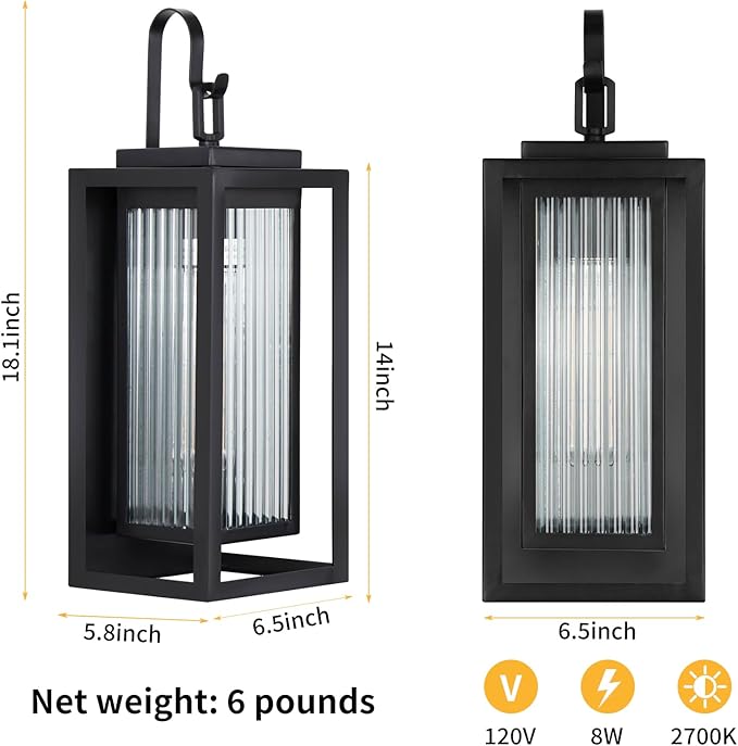 2 Pack Outdoor Wall Lights for House Exterior 18 Inch Large Black Modern Lantern with Dual Metal Frame &amp Textured Glass IP65 Waterproof (Bulbs Included)