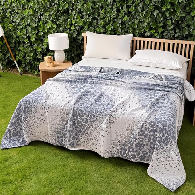 ITFRO Leopard Cooling 3 Layer Cotton Muslin Blanket for Hot Sleepers 80x92 Inches Lightweight Breathable Reversible Summer Camping Blanket All Seasons for Couch Sofa Bed (Leopard Blue 80x92)
