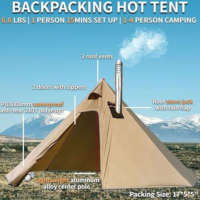 DANCHEL OUTDOOR Backpacking Hot Tent w/Stove Jack Portable Tipi Tent with T6 Titanium Folding Wood Stove for 1-4 Person Winter Camping Hunting3m/4m
