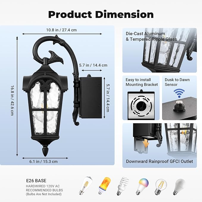 Outdoor Porch Light with Outlet Dusk to Dawn Porch Light Outdoor House Lights Wall Mount Aluminum Exterior Wall Sconce with Water Ripple Glass Waterproof Outside Sconce Lights for House