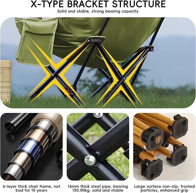 Outdoor 3-Layer Padding High Back Moon Chair with Thick Cotton 600D Oxford Fabric Portable Folding Camping Chair with Side Pocket Supports up to 300lbs (Green)