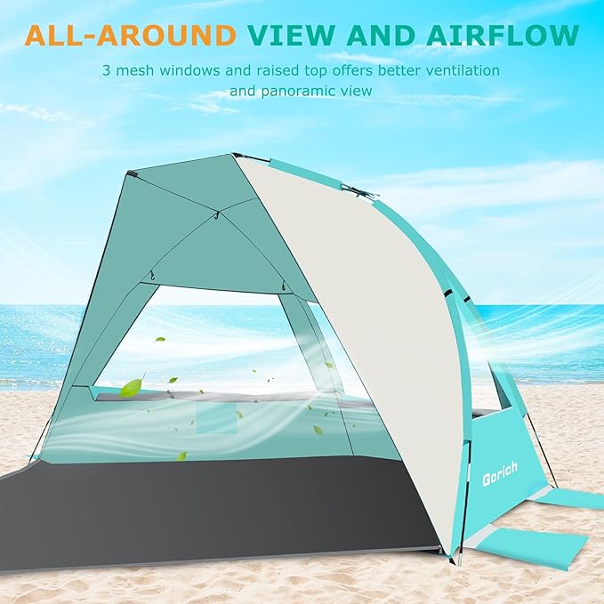 Gorich Portable Beach Tent for 3/4-5/6-7 Person with UPF 50+ UV Protection Lightweight &amp Foldable Sun Shelter with 5 Sand Bags Easy Setup Windproof Beach Umbrella Sun Shade