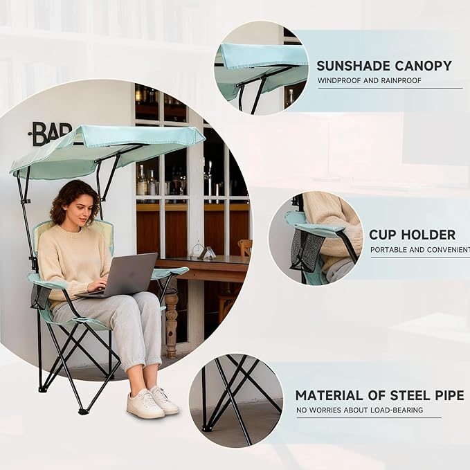 YOUNG WOOD Portable Camping Chair Beach Chair with Shade Canopy Fold Lightweight Oversized for All Easy to Open and Close Without Installation Side Pocket Design for All Outdoor Activities Blue