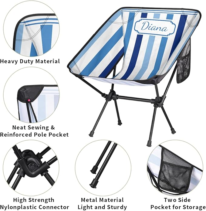 Custom Portable Camping Chair for Adults Women Men Personalized Name Lightweight Folding Backpacking Hiking Chair Blue Stripes