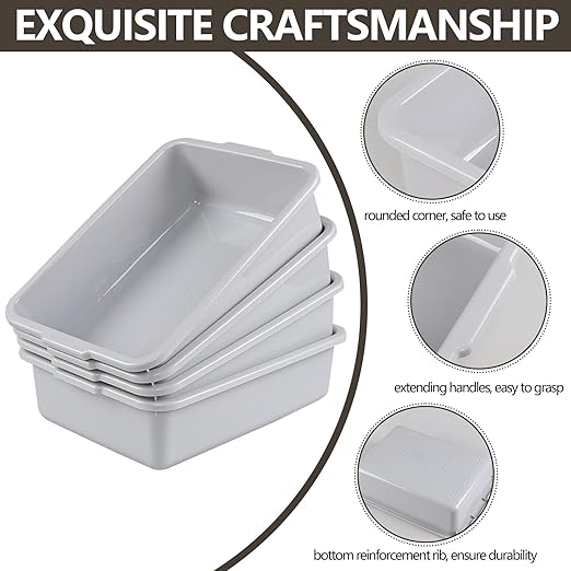 4-Pack Commercial Bus Tub Box 8 L Small Dish Pans for Washing Dishes Grey