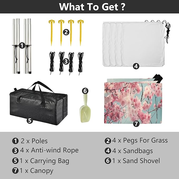 Cherry Blossom Tree Beach Tent Sun Shelter 9.2' x 10.5' Beach Canopy with 4 Sandbags 4 Stability Poles Sand Shovels - Tent Canopy for Beach Camping Fishing Picnics