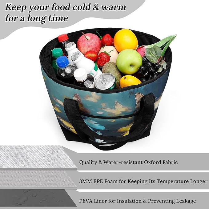 Insulated Shopping BagLarge Reusable Cooler Bags Butterflies Printed Foldable Shopping BagTravel Waterproof Shoulder Bag