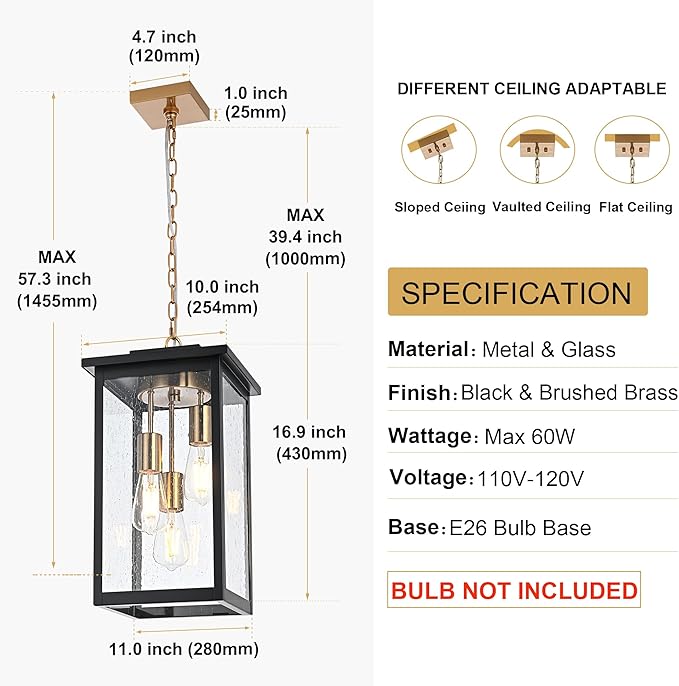 TODOLUZ 3-Lights Large Outdoor Pendant Light Waterproof Exterior Height Adjustable Hanging Lighting with Seeded Glass Panel &amp E26 Bulb Base Modern Porch Ceiling Lamp for Porch Patio Garden
