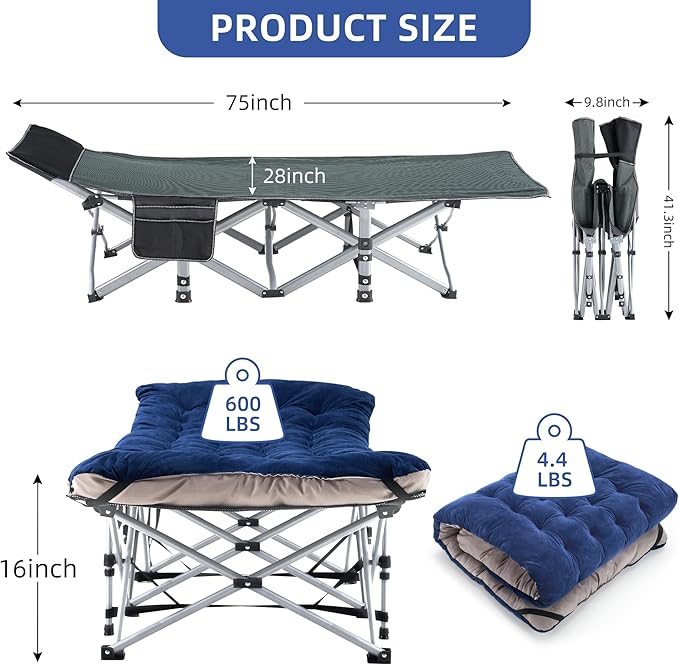 Camping Cot Sleeping Cots Portable Camping cots with Cushion Pillow and Carry Bag 1200D Double Layer Oxford 600 LBS Weight Capacity Cots for Sleeping (Blue)