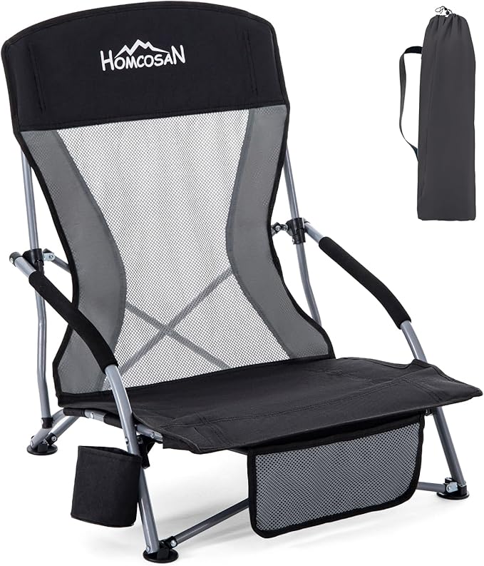 Homcosan Portable Low Folding Beach Chair - Lightweight Camping Chair for Adults with Cup Holder &amp Storage Pocket Carry Bag Included (Black &amp Gray)